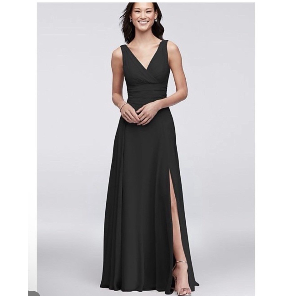 David's Bridal Maxi Gown Women 10 Black Excellent V-Neck High Slit Formal Dress